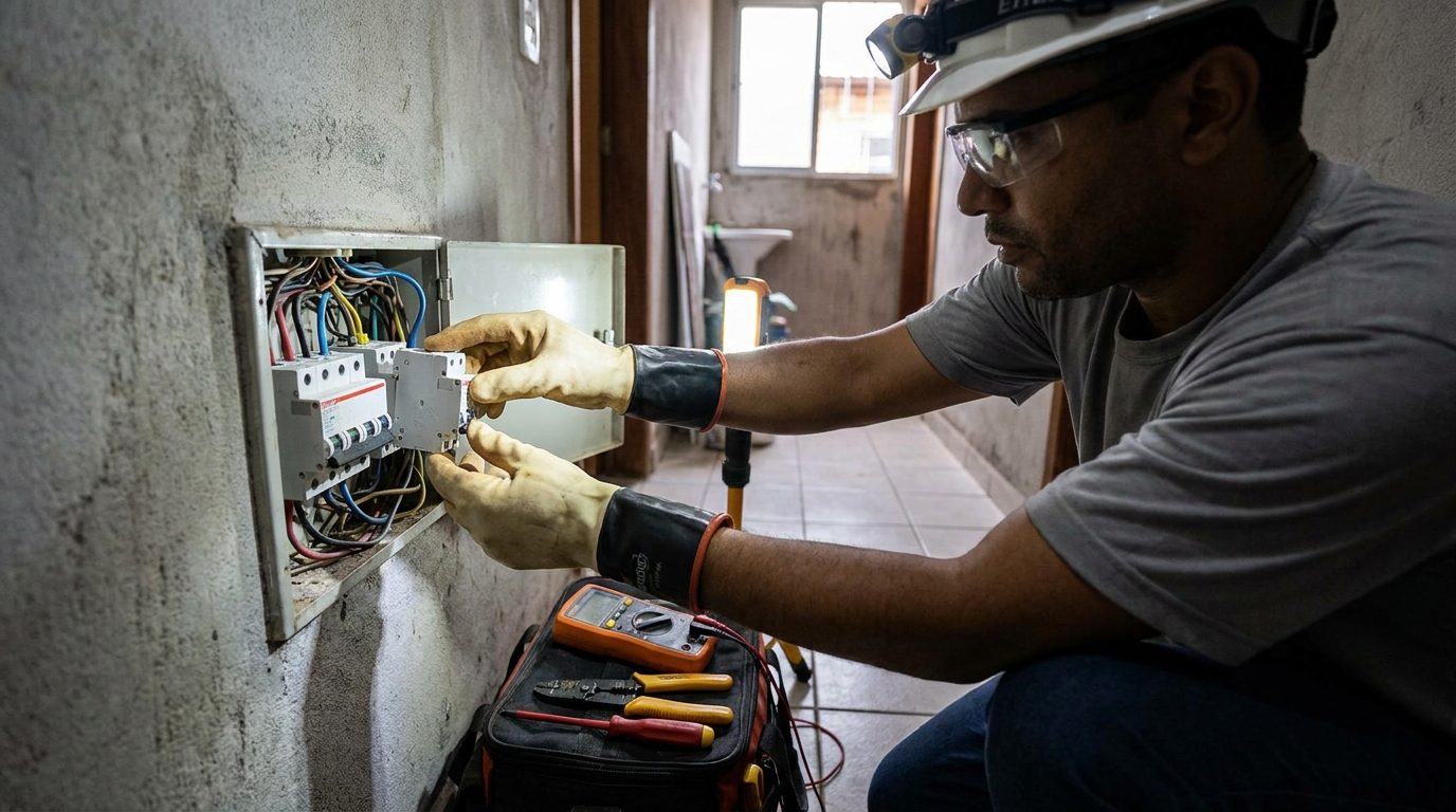 Eletricista comercial instalando disjuntor em Vila Velha‑ES